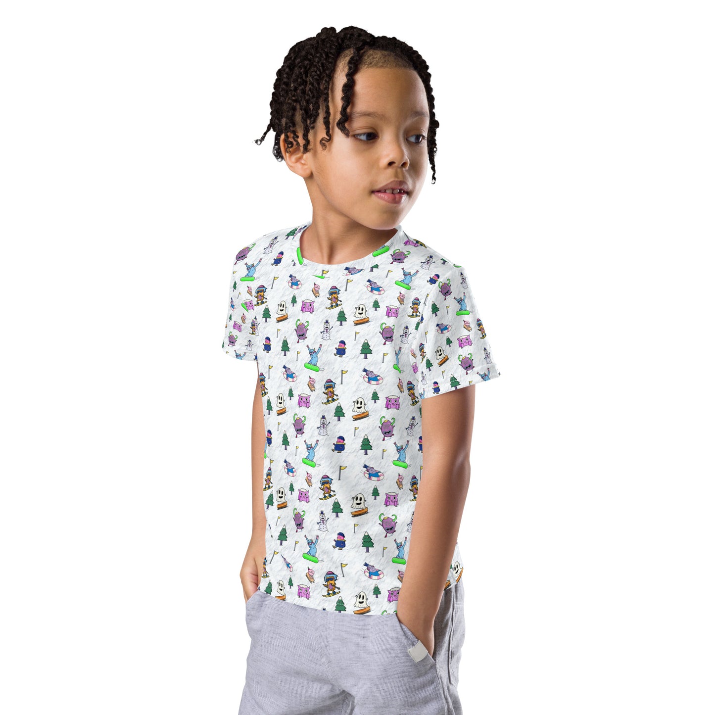 Winter Ski Monsters kids t-shirt, an original busy illustrated snow sports pattern