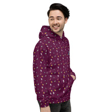 Load image into Gallery viewer, Maroon Moon Snakes, Crystals, and 3D Cubes Pattern Super Cool Fun Funky Unisex Hoodie