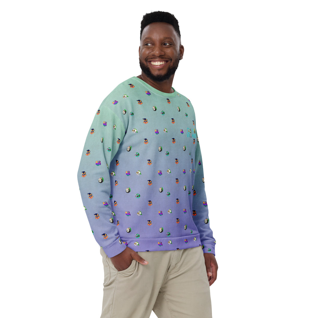 Heads Up Blue and Purple Funky Fun Cartoon Heads Pattern Unisex Sweatshirt