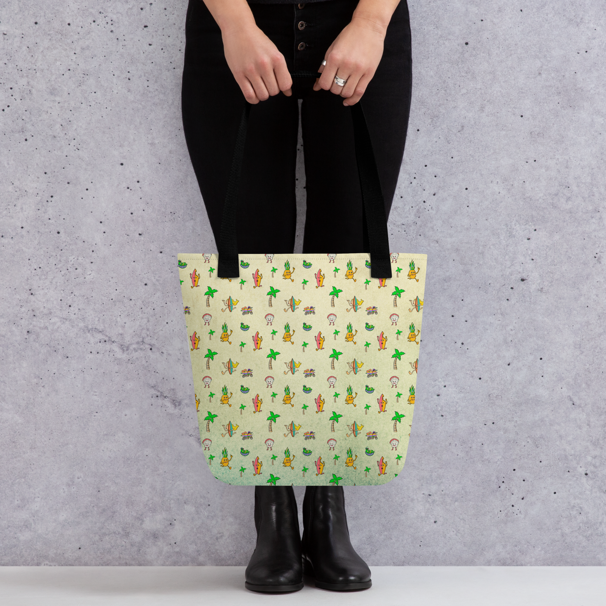 Original illustrated beach party artwork on a tote bag from Danvillage Art Lab