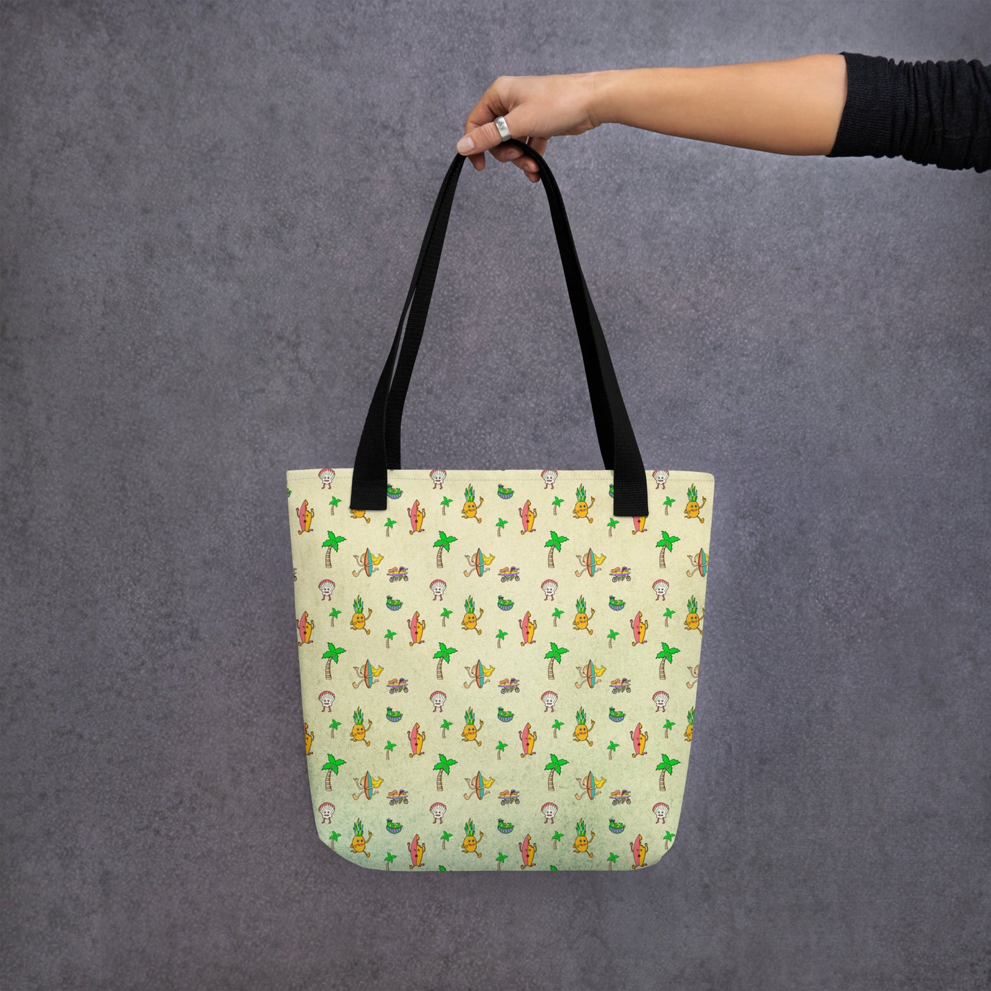 Beach lover gift tote with hand-drawn palm trees and surf scene artwork