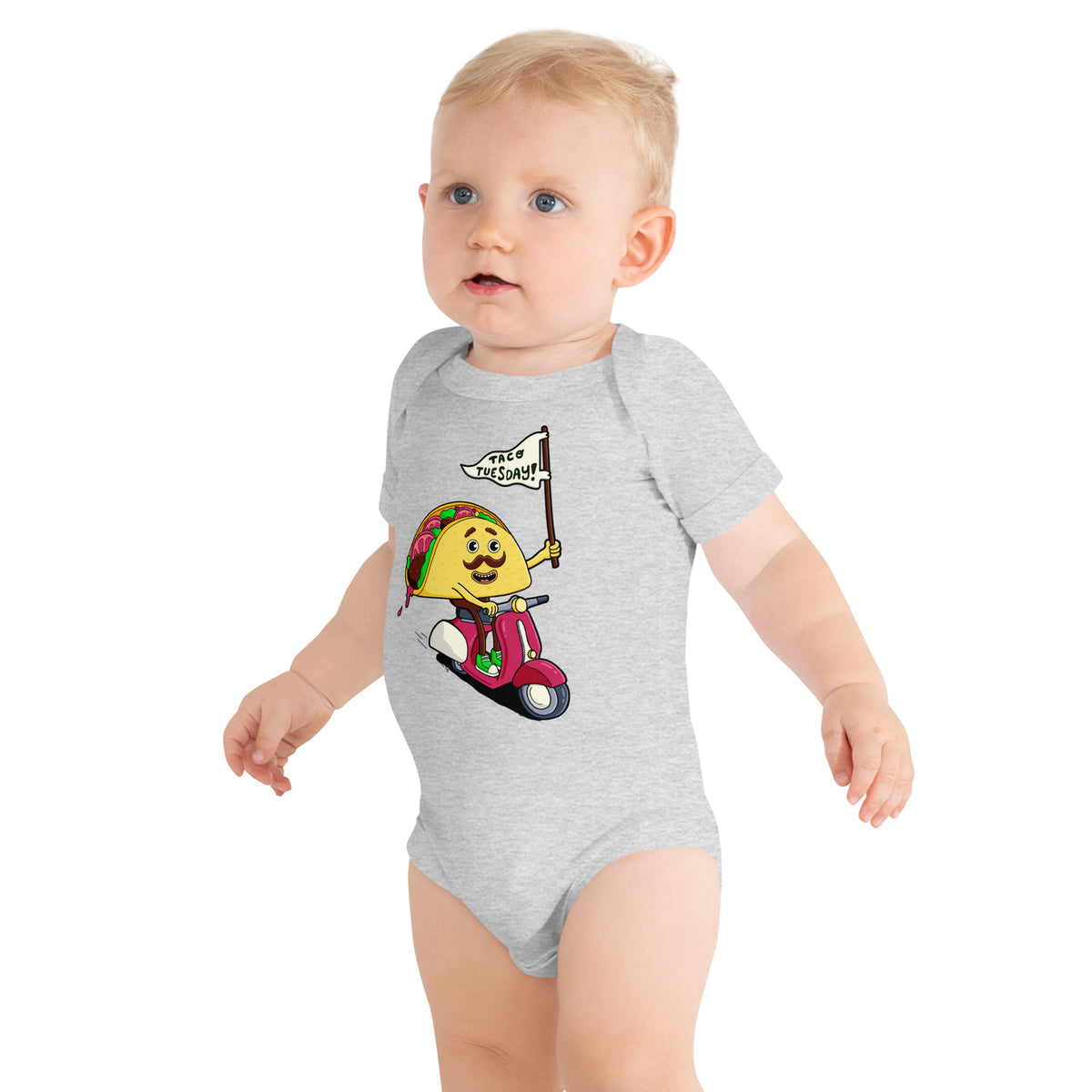 Original taco illustration on a soft baby one piece for very small food fans