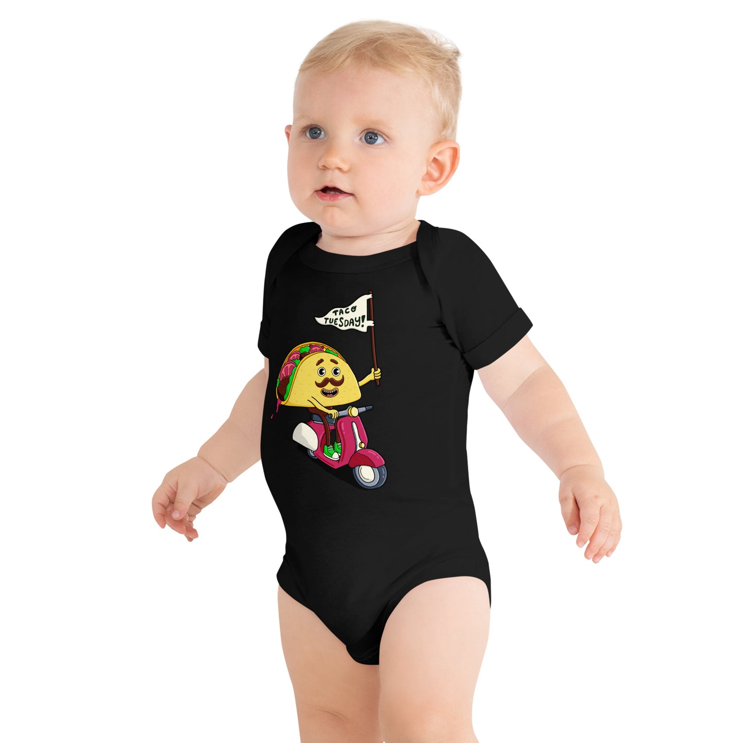 Baby shower gift bodysuit with original hand-drawn taco artwork from Danvillage Art Lab