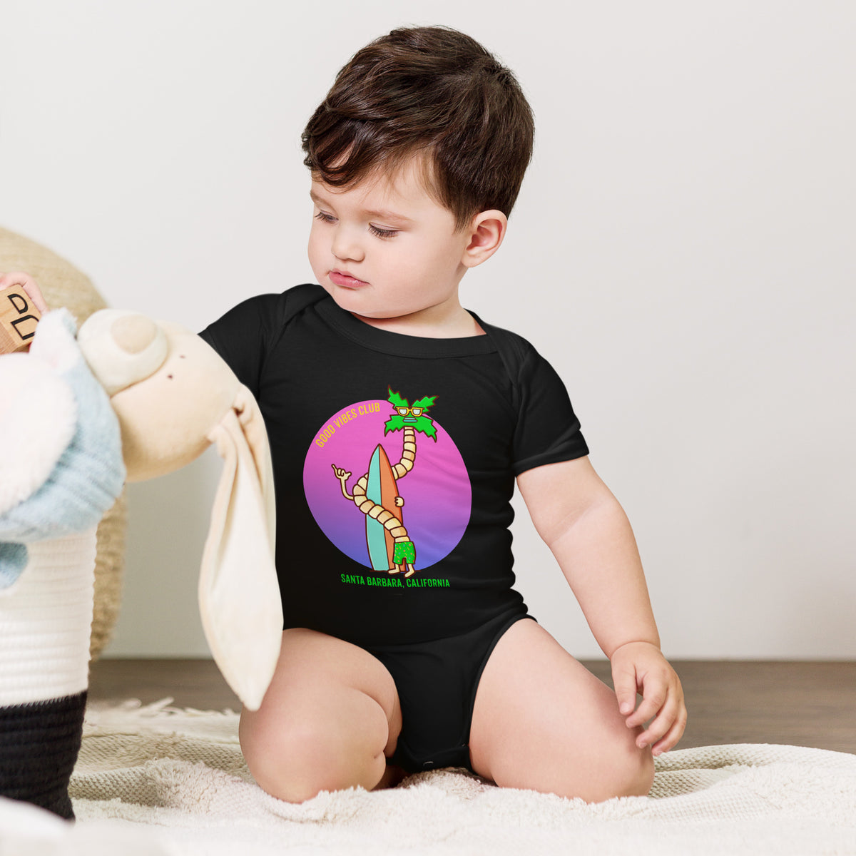 Santa Barbara baby one piece drawn by local illustrator Daniel Sulzberg