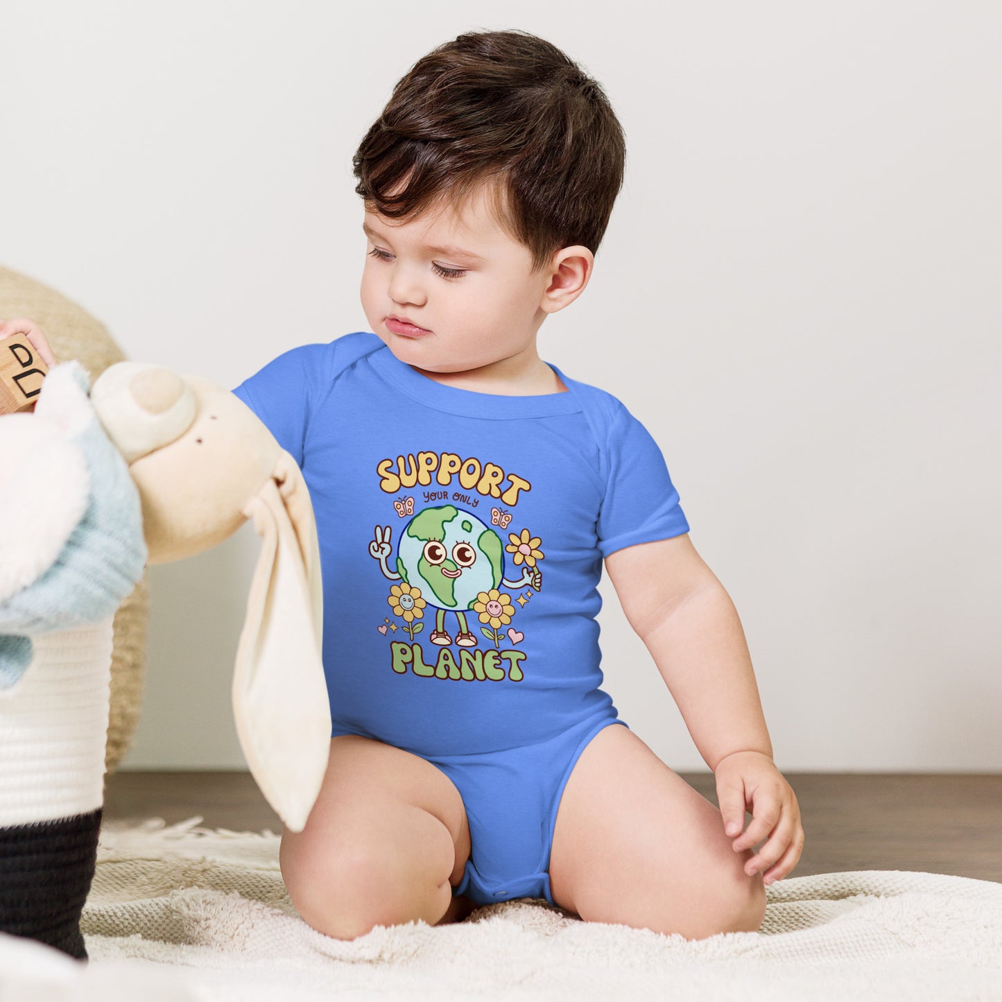 Earth Day gift for babies, an illustrated happy planet one piece from Danvillage Art Lab
