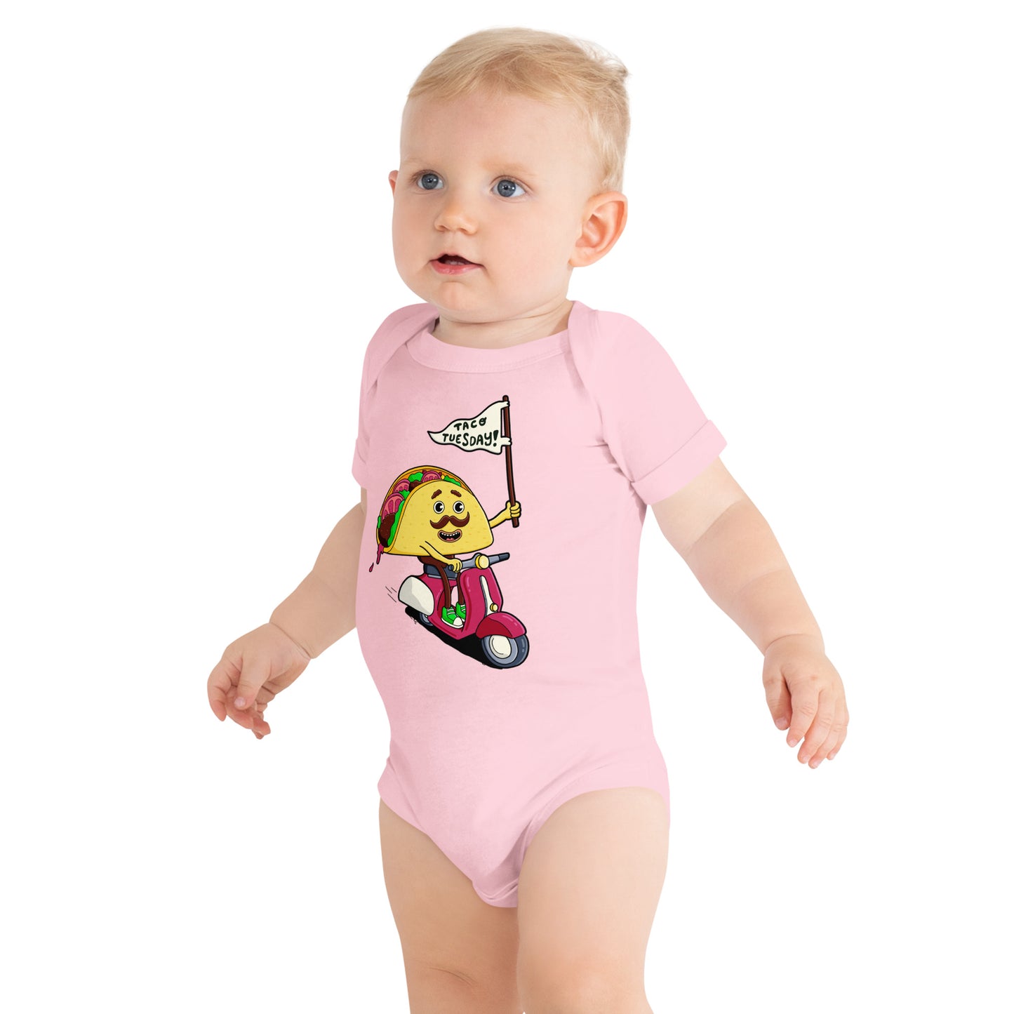 Funny food-themed baby bodysuit with bold illustrated taco artwork