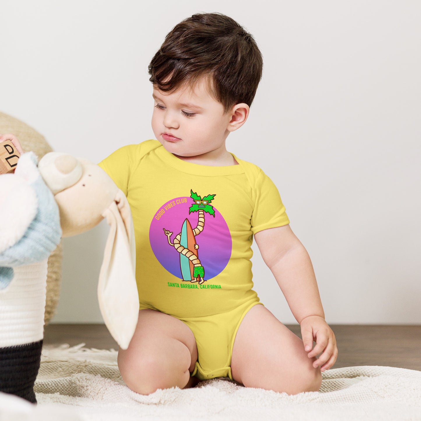 Colourful illustrated beach baby one piece from Danvillage Art Lab