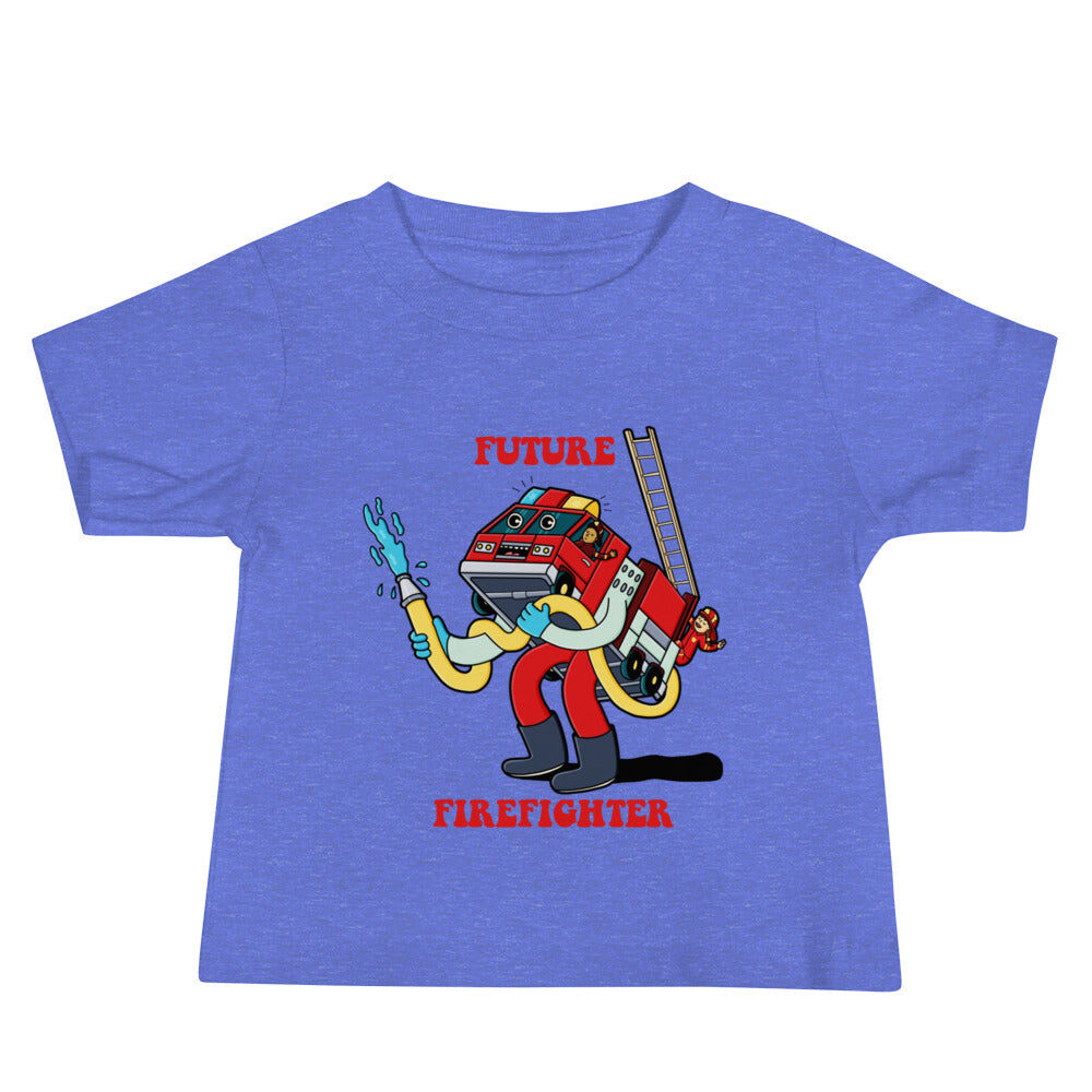 Bright, friendly fire truck artwork on an illustrated youth t-shirt for future firefighters