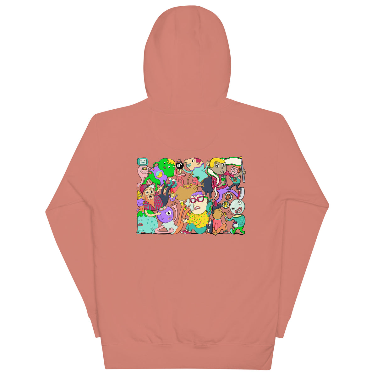 Original graphic hoodie with dense illustrated detail and cheerful chaos throughout