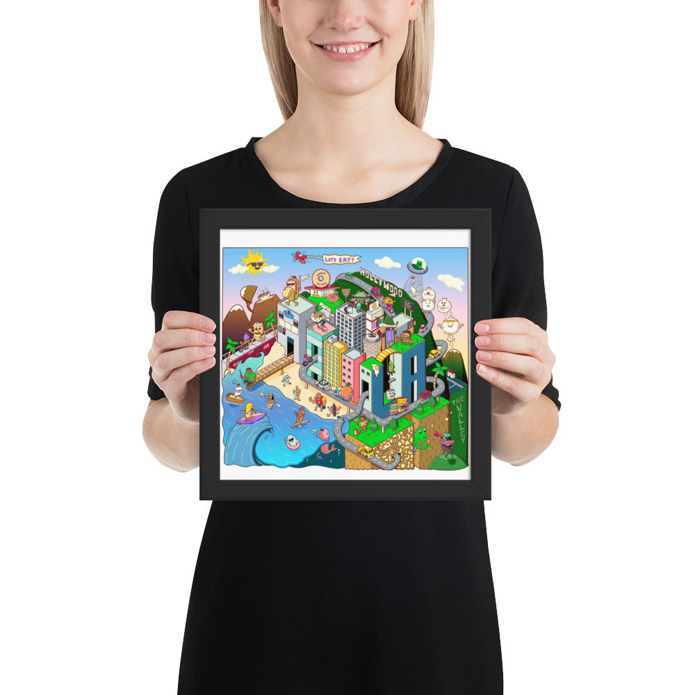 Los Angeles Foodies framed art print with illustrated tacos, donuts and food trucks