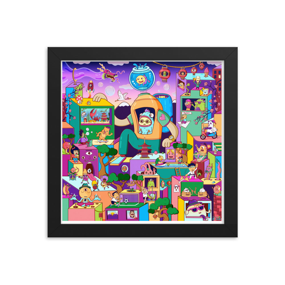 Gift for kids, a bright surreal isometric framed art print from Danvillage Art Lab