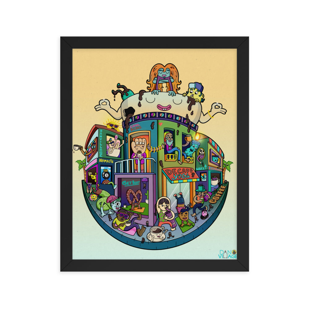 Warm, unhurried yoga and coffee artwork as a framed print by Danvillage Art Lab