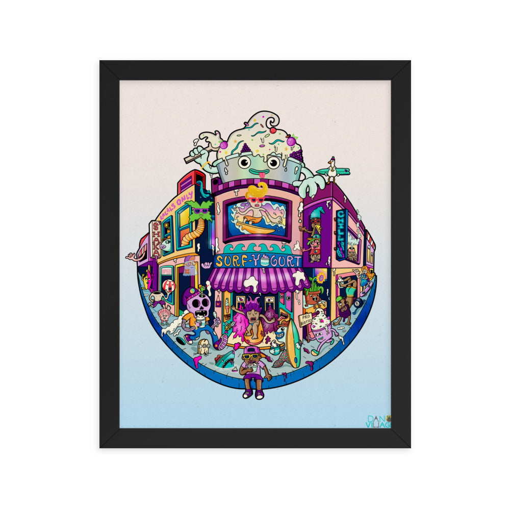 Funny beach wall art print of surfers and frozen yogurt by Danvillage Art Lab