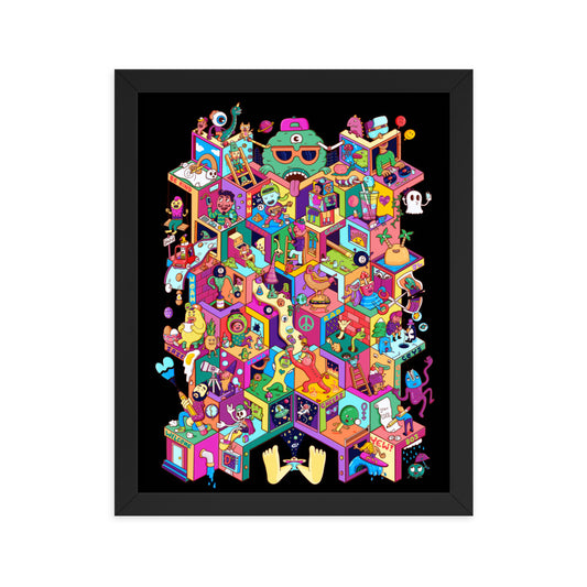 Colourful surreal isometric wall art print for kids rooms, studios and game rooms