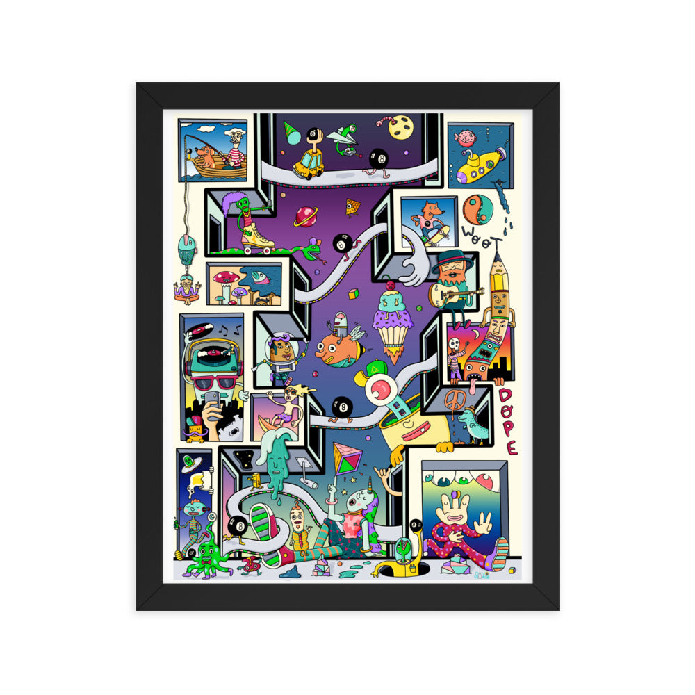 Illustrated apartment windows art print for living rooms, studios and kids rooms