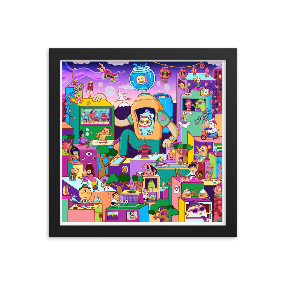 Surreal illustrated city artwork as framed wall art, packed with tiny citizens