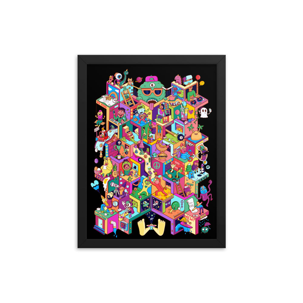 Chaotic, cheerful illustrated city artwork as framed wall art by Danvillage Art Lab
