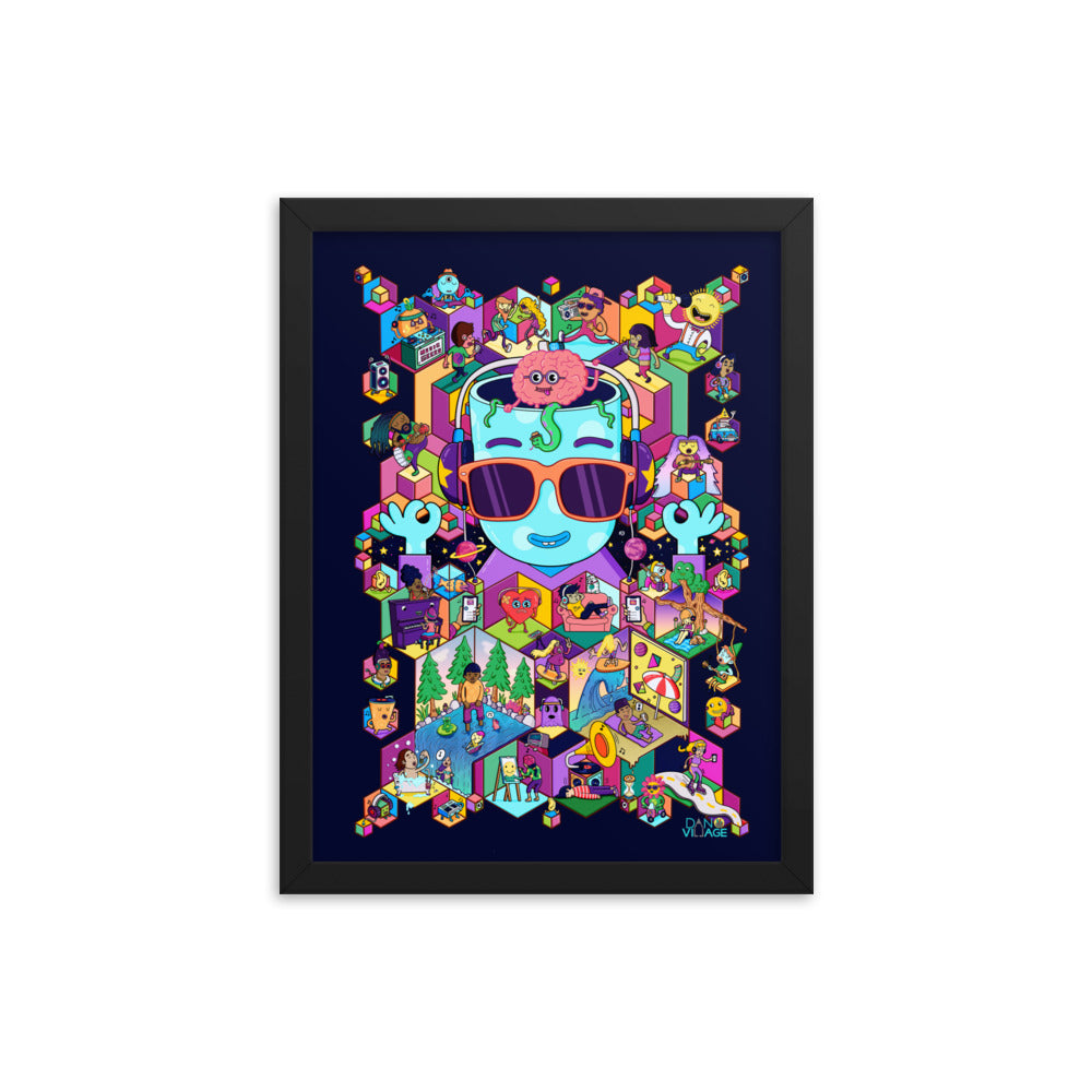 Turntables, speakers and crates in a detailed illustrated framed wall art print
