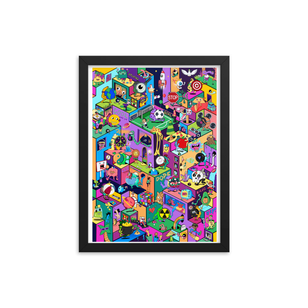 Isometric Danvillage world rendered as a bright framed art print by Daniel Sulzberg