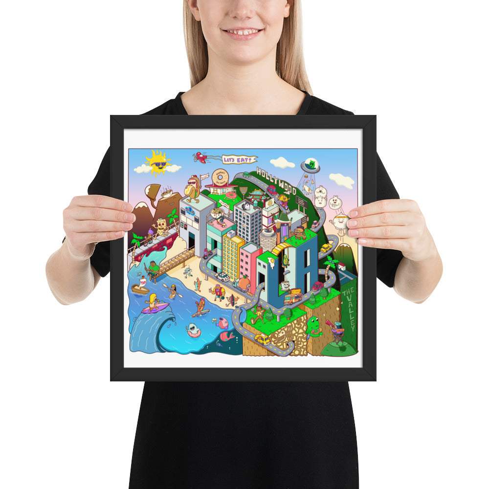Original illustrated LA cityscape print by Daniel Sulzberg, framed and ready to hang