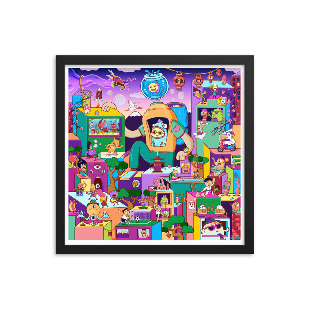 Isometric bubble city print in bold popwhimsy colour by illustrator Daniel Sulzberg