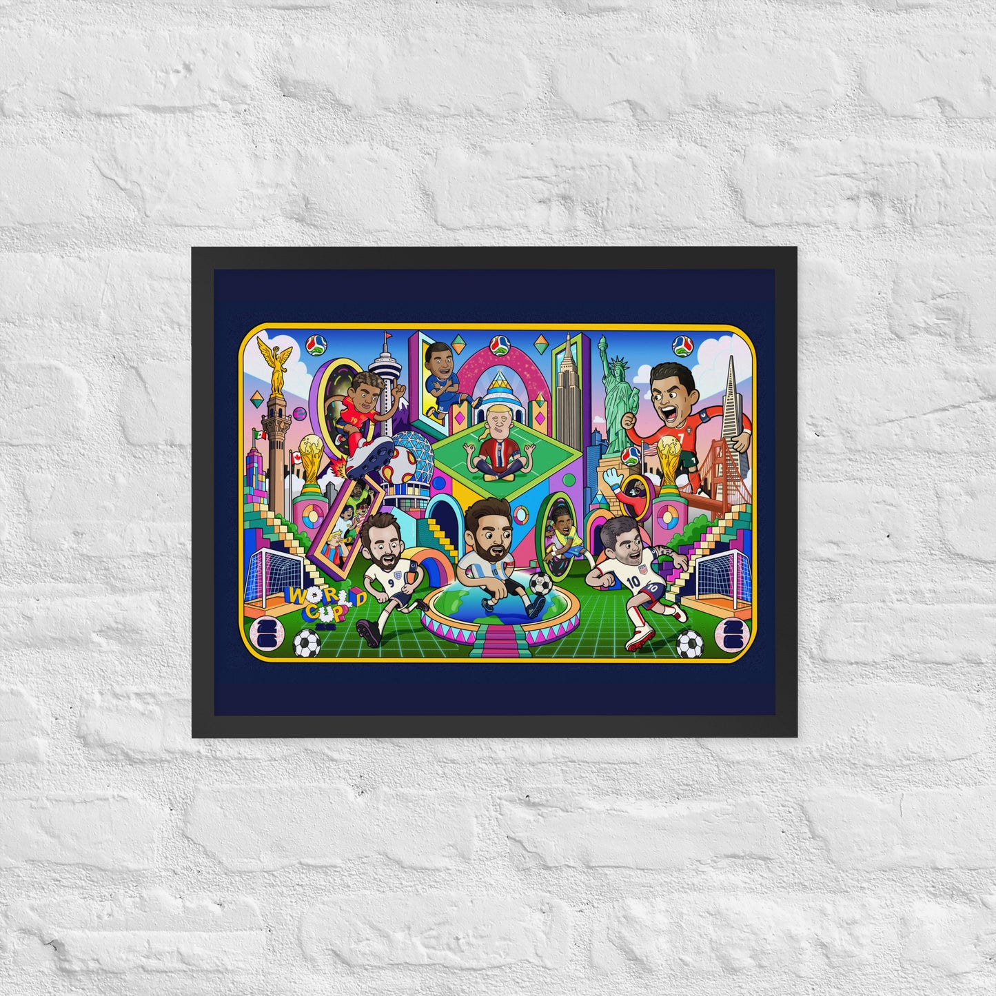 Framed soccer wall art by Santa Barbara illustrator Daniel Sulzberg, ready to hang