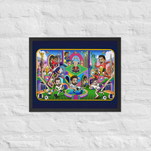 Load image into Gallery viewer, 2026 World Cup Legends illustrated poster in black frame - Messi, Ronaldo, Mbappé soccer art by Danvillage
