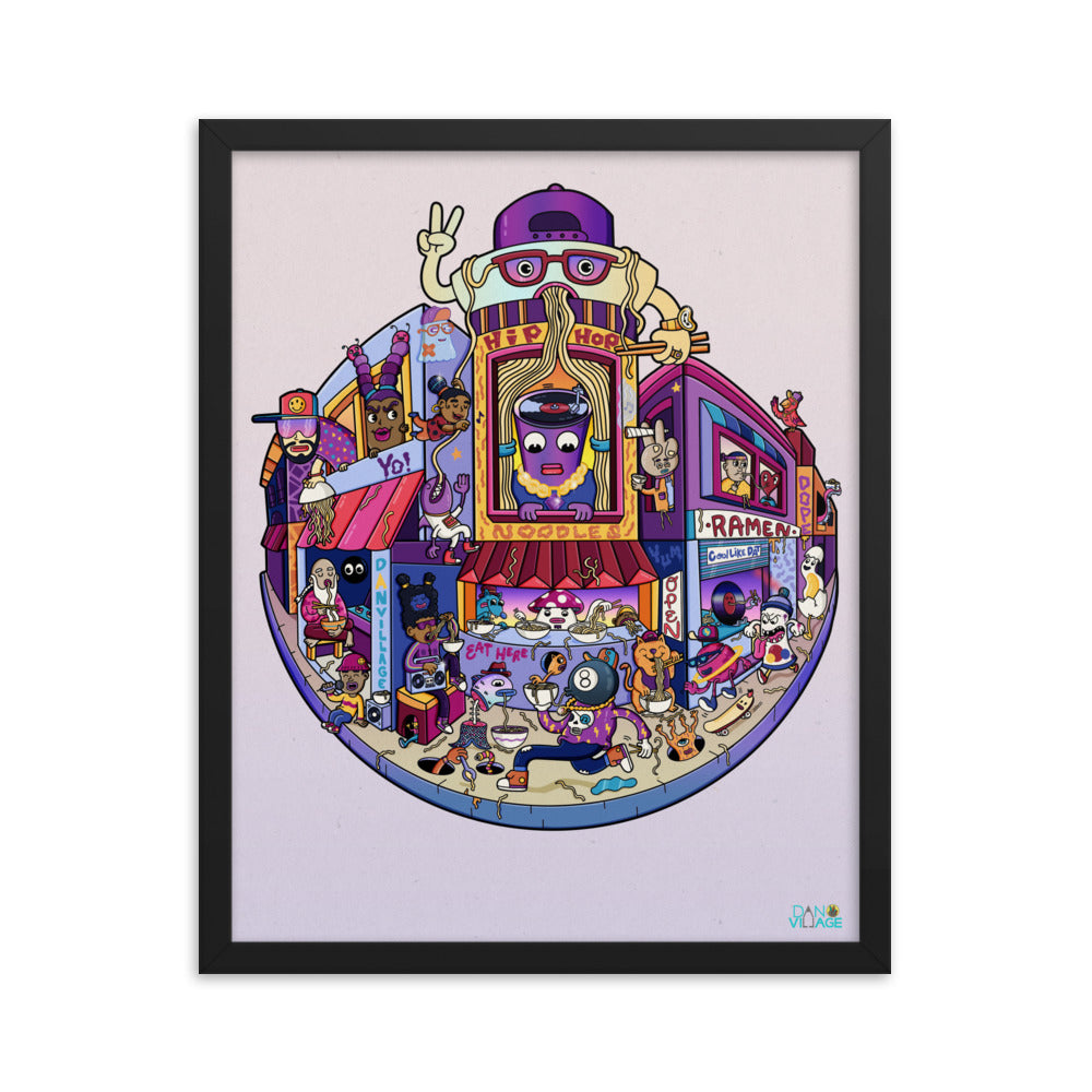 Dense, surreal popwhimsy noodle artwork as a framed print by Danvillage Art Lab