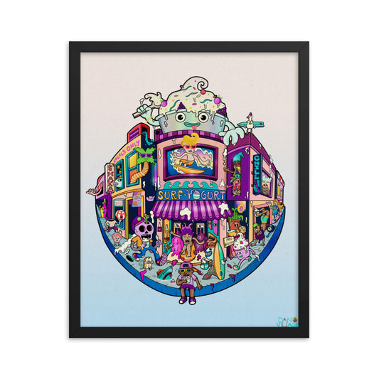 Illustrated surfers and frozen yogurt wall art for beach houses and coastal rentals