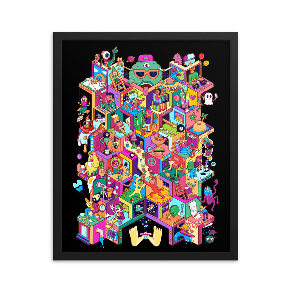 Character-packed isometric art print for a room that needs a bold focal point