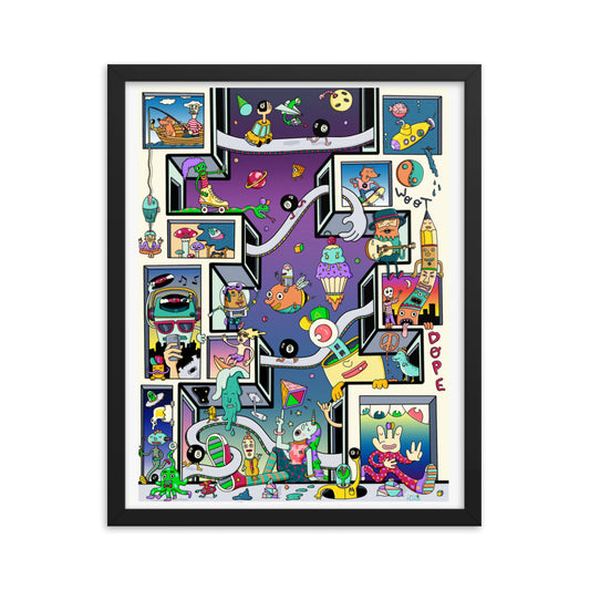 Colourful surreal wall art print packed with original characters and hidden details