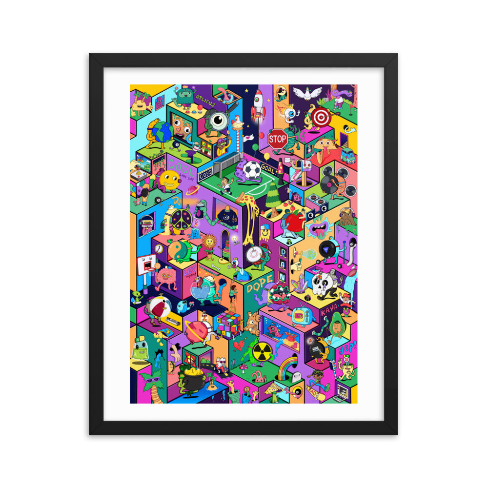 Whimsical surreal city art print packed with tiny characters going about their day