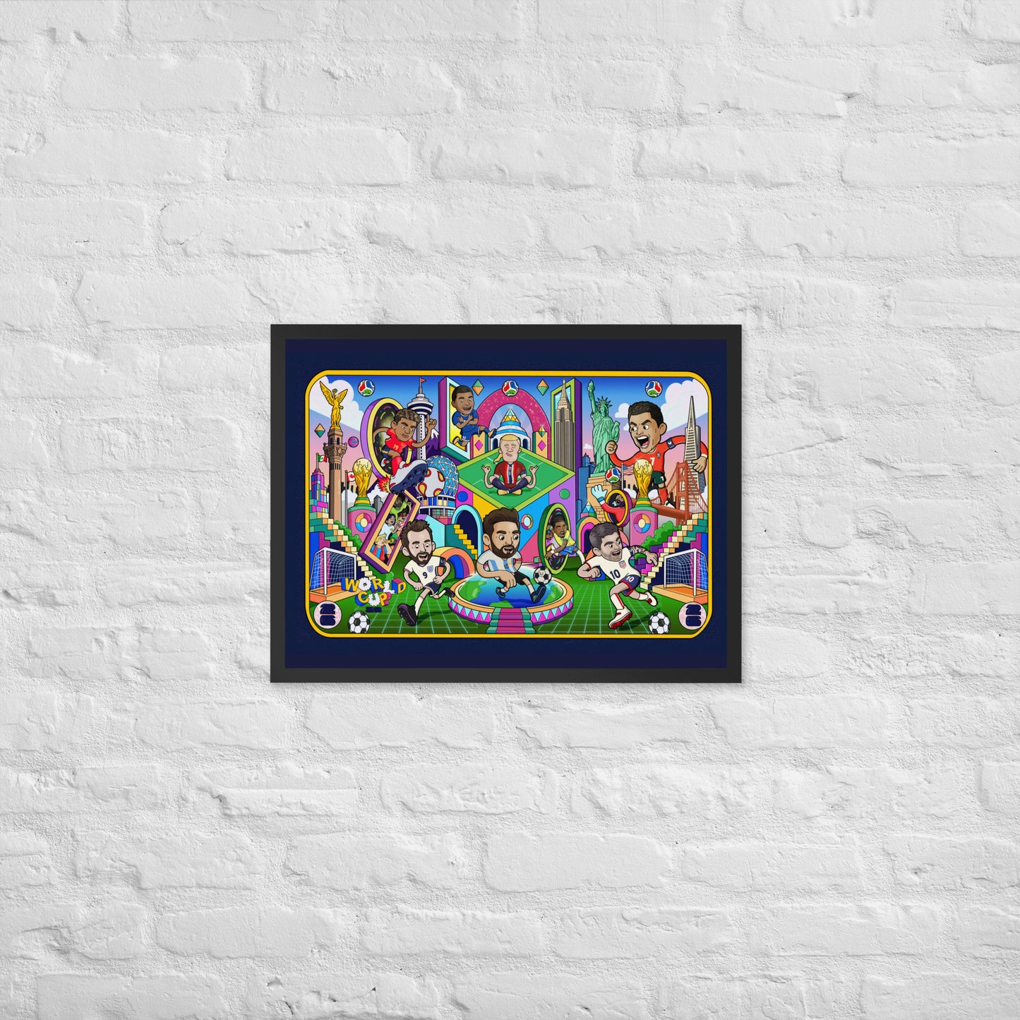 Character-packed soccer illustration, framed wall art for fans of the beautiful game