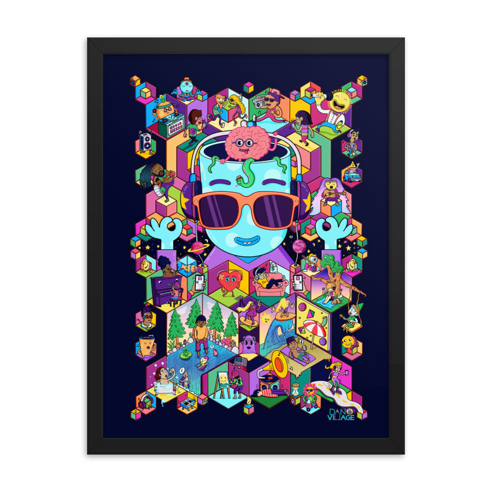 Colourful record collector art print to hang above the shelf, framed and ready