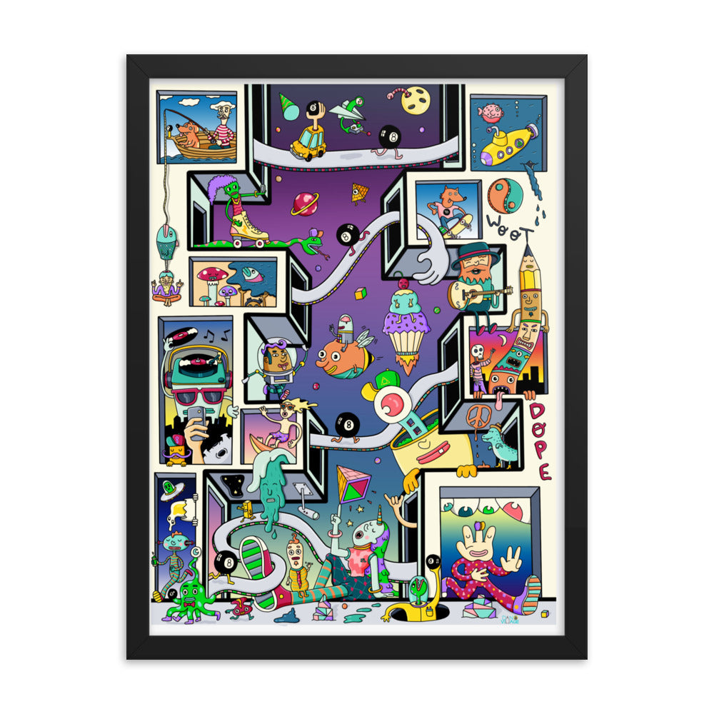 Surreal character-packed wall art print, a conversation starter for any room