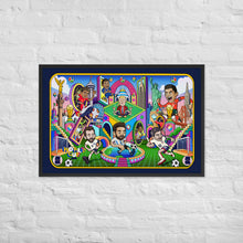 Load image into Gallery viewer, Framed 2026 World Cup Legends poster in black frame 24x36 - illustrated soccer wall art by Danvillage Art Lab
