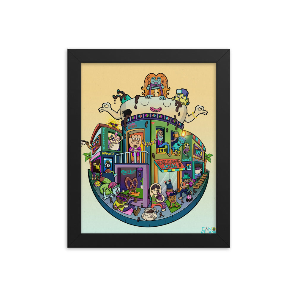 Gift for yoga teachers and coffee lovers, an illustrated framed art print by Daniel Sulzberg