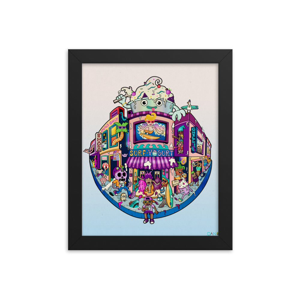 Gift for surfers and froyo fans, a colourful framed art print by Danvillage Art Lab
