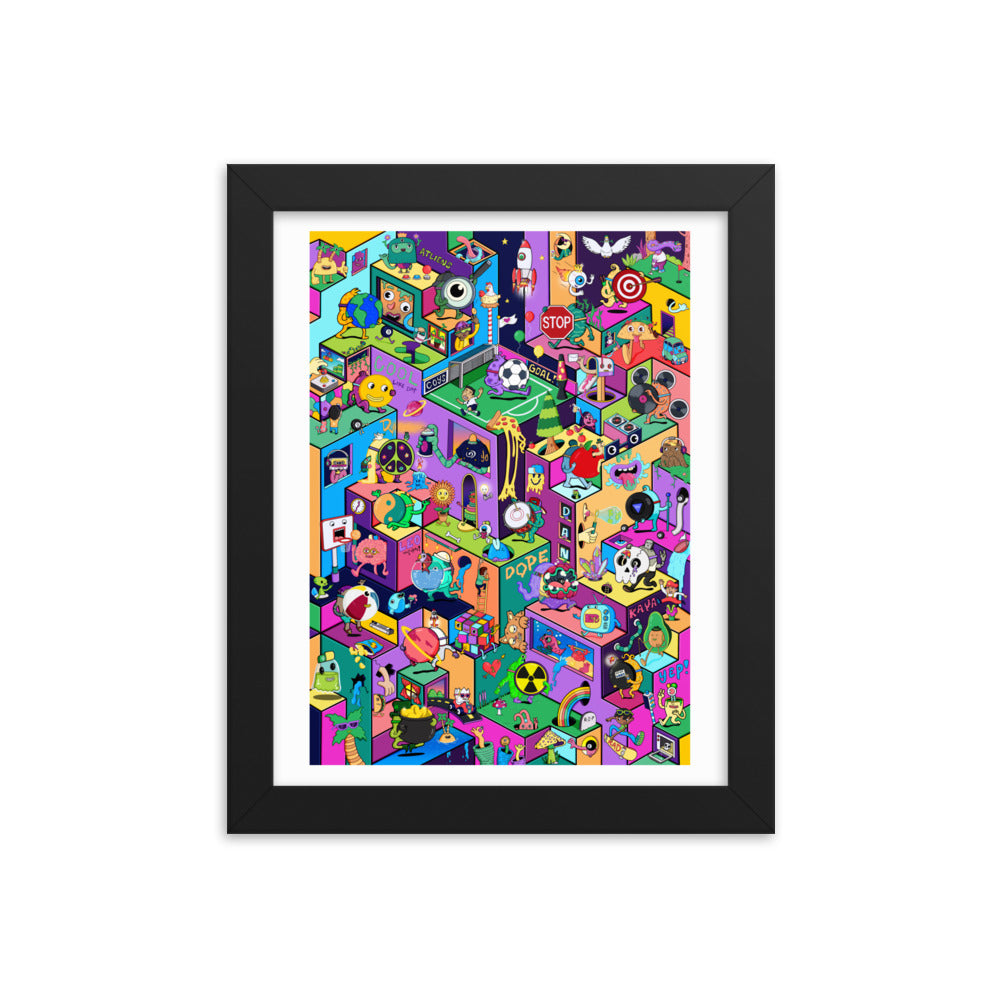 Framed illustrated cityscape print for kids rooms, playrooms and creative studios