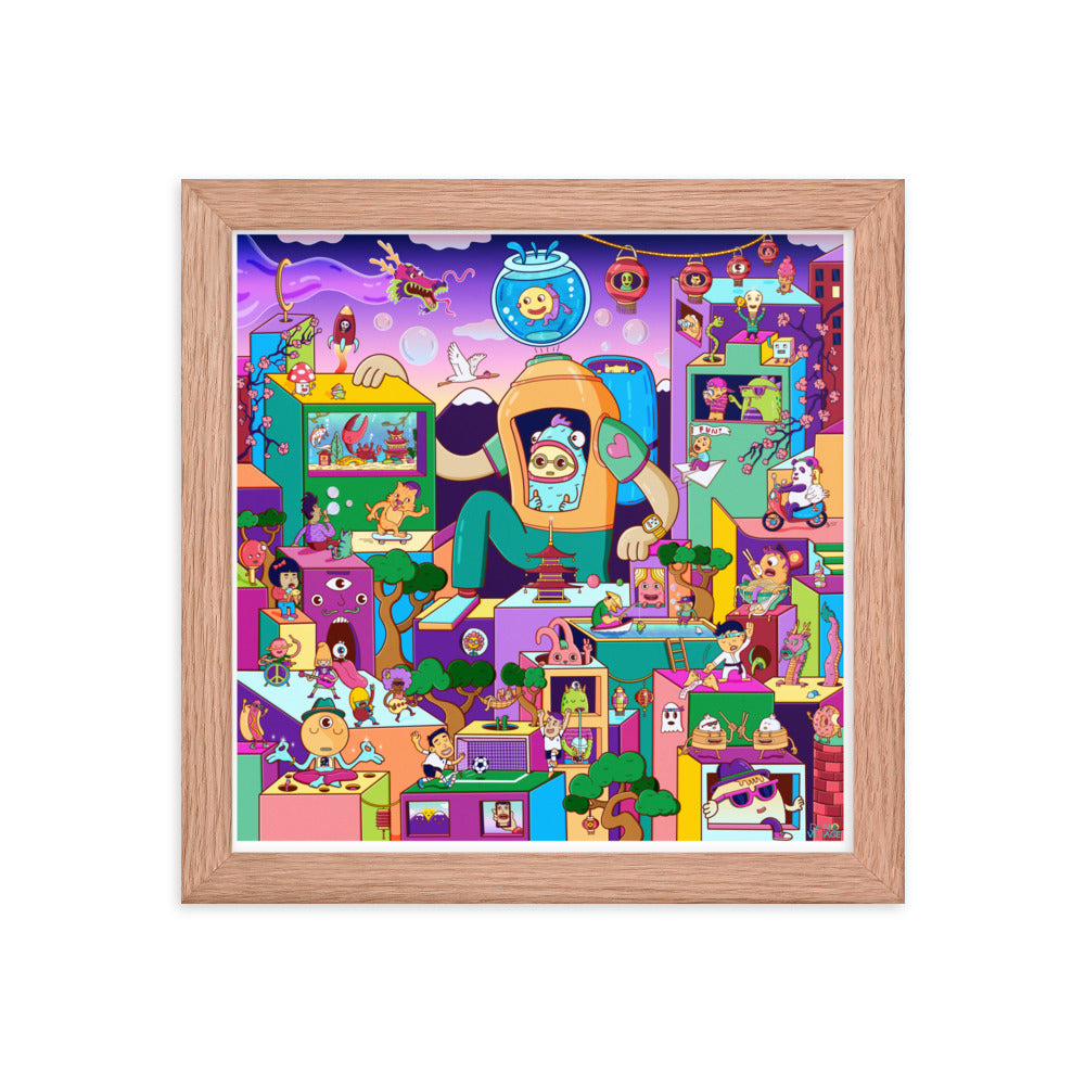 Original hand-drawn isometric city art print by Daniel Sulzberg, framed and ready to hang