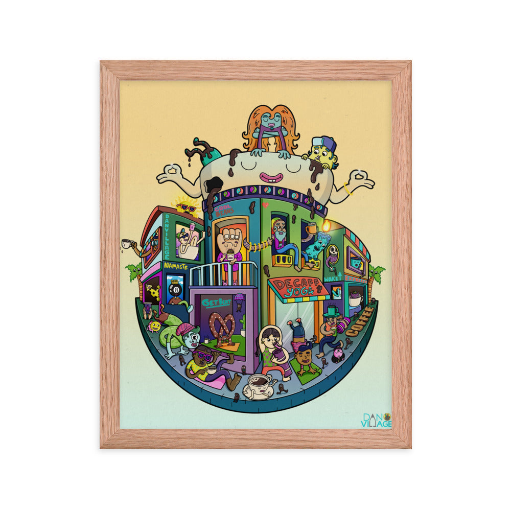 Yoga and coffee framed print, hand-drawn calm colour by illustrator Daniel Sulzberg