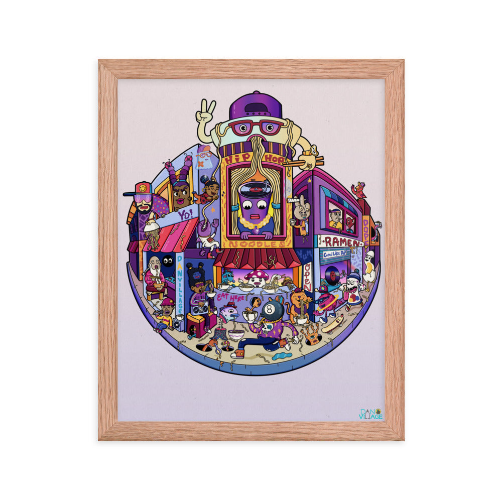 Surreal noodle city framed print drawn by Santa Barbara illustrator Daniel Sulzberg