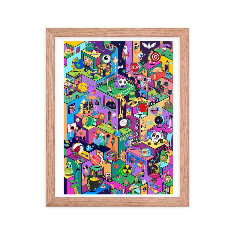 Hand-drawn joyful cityscape framed print by Santa Barbara illustrator Daniel Sulzberg