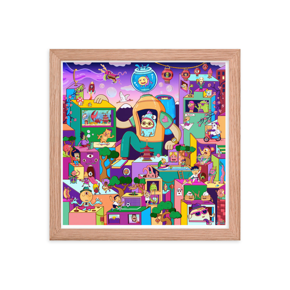 Bubbles, towers and tiny characters in a colourful framed illustration print