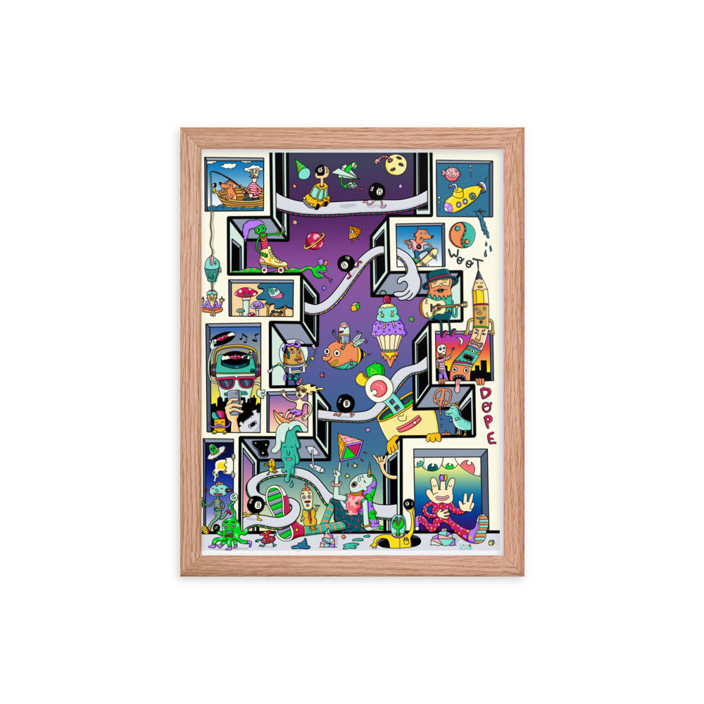 Original framed art print full of neighbours, monsters, snacks and small stories