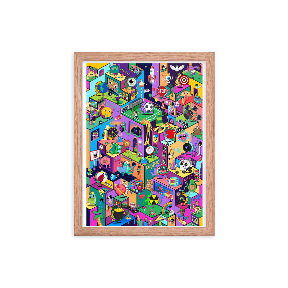 Framed art print of a busy illustrated world for art collectors and print buyers