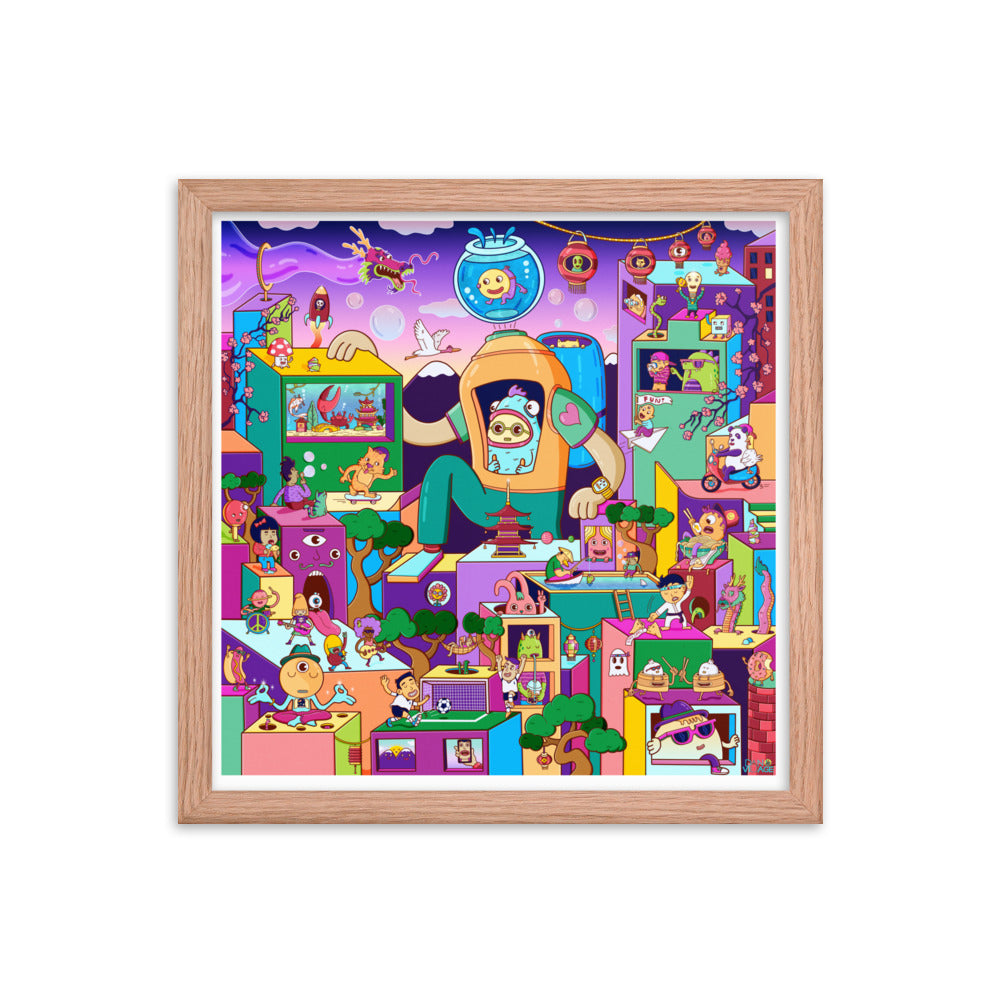 Happy Bubble City wall art drawn by Santa Barbara illustrator Daniel Sulzberg