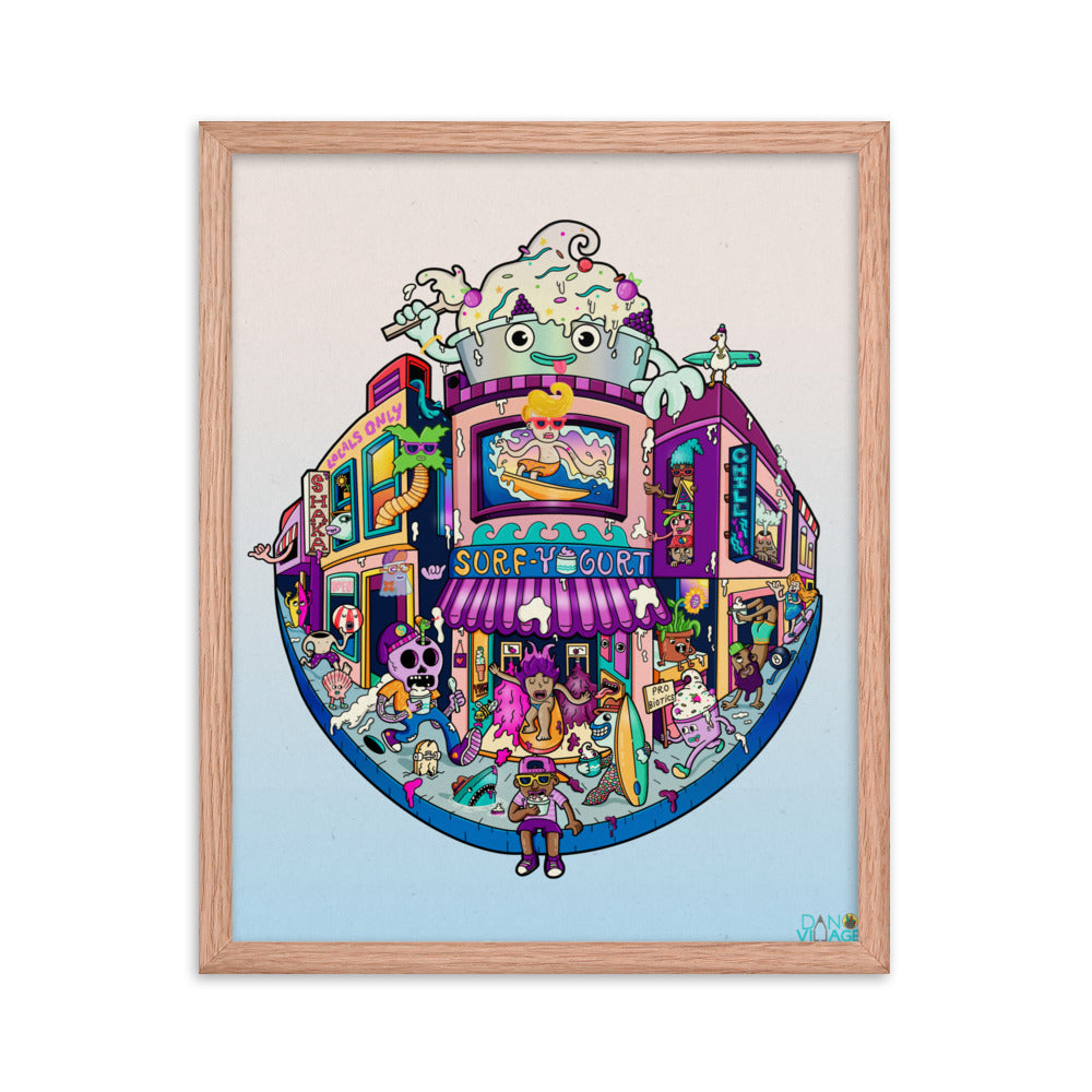 Surfers and frozen yogurt drawn together as framed wall art by illustrator Daniel Sulzberg
