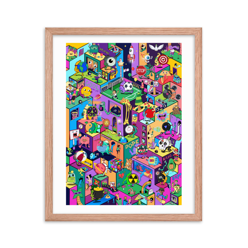 Detailed isometric illustration print with dozens of original characters to discover