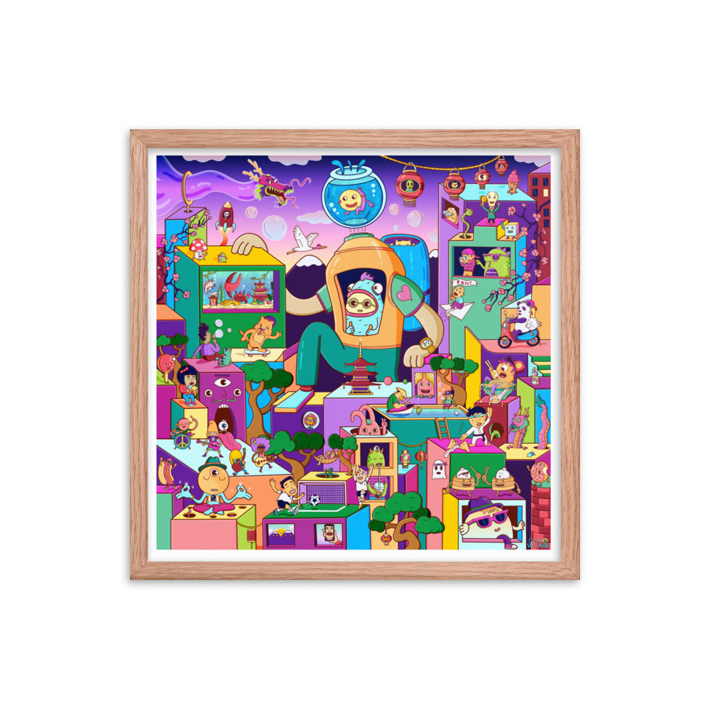 Detailed surreal city illustration printed as framed wall art by Danvillage Art Lab